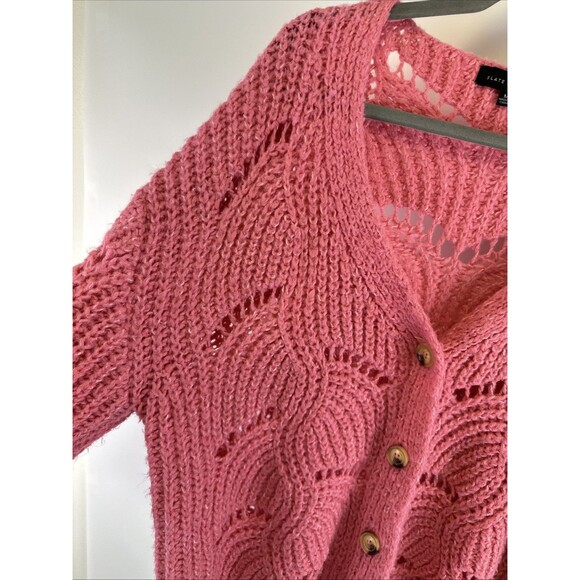 Slate And Willow Pink Open Knit Sweater Cardigan Crochet Button Womens Medium - Picture 3 of 10